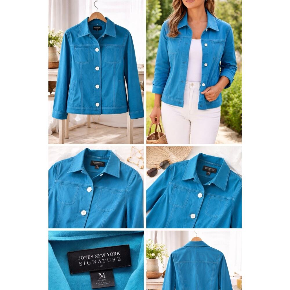 Jones New York Signature Jacket M Blue Button Front Contrast Stitch Coat